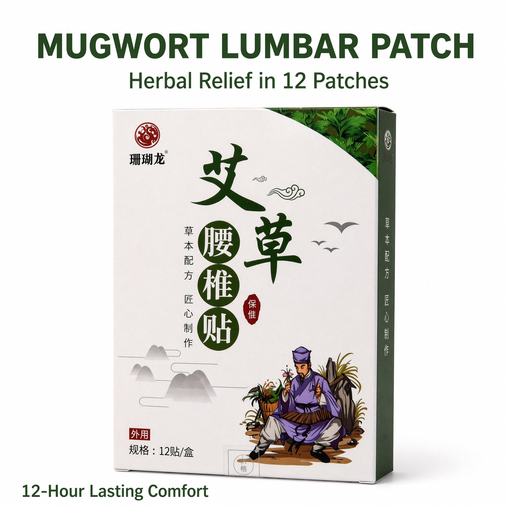 Coral Dragon Mugwort Lumbar Patches - 12 Count Herbal Lower Back Relief Patches, Natural Wormwood Formula for Back Pain, Muscle Stiffness & Lumbar Discomfort, Traditional Chinese Medicine Patches